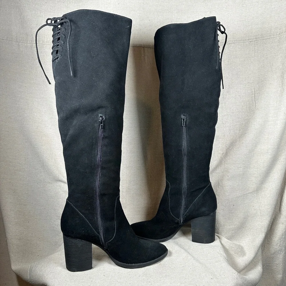 Steve Madden Sharna Black Suede Over The Knee Lace Up Back Block Heel Boots 8.5M